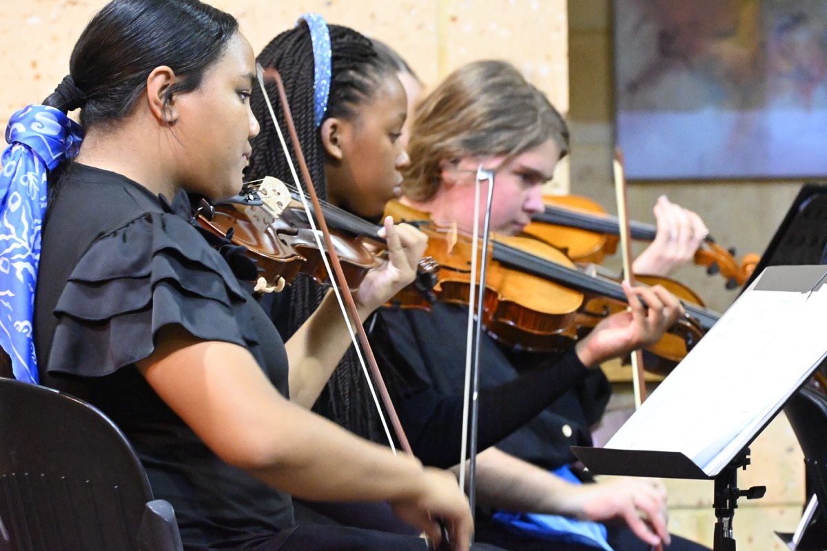 Row of violinists in concert dress performing at the 2025 concert.